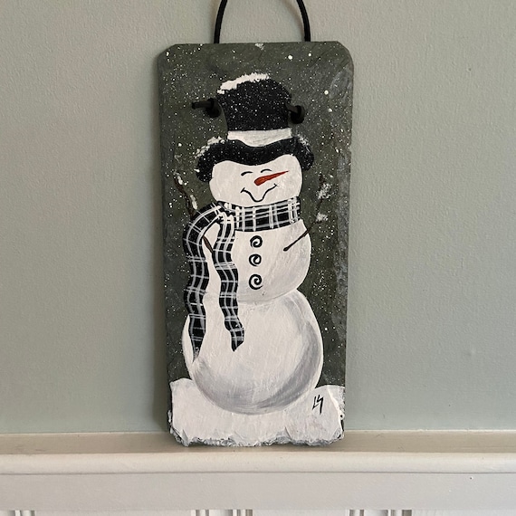 Painted snowman, Painted slate Snowman, Winter Porch decor, painted slate sign, painting on slate, Snowman slate wallhanging, Snowman decor