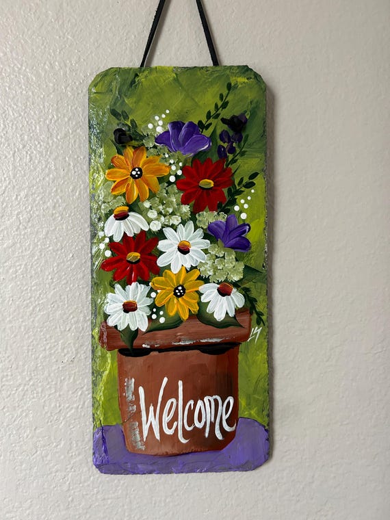 Painted floral slate sign, Spring Porch decor, slate sign, painting on slate, garden decor, Spring welcome sign on slate, painted slate