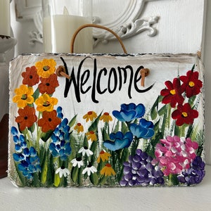 Painted slate welcome sign, garden slate sign, floral welcome plaque, Porch decor, door hanger, small slate welcome sign, garden decor image 1