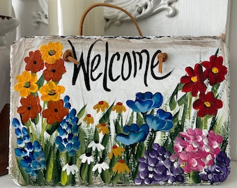 Painted slate welcome sign, garden slate sign, floral welcome plaque, Porch decor, door hanger, small slate welcome sign, garden decor