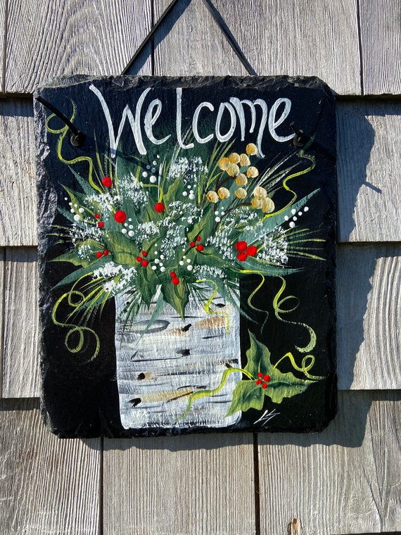 Hand Painted Winter Welcome Slate Sign: Christmas Door Hanger