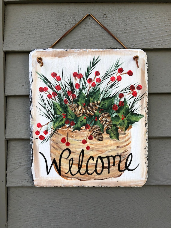 Painted Winter Basket of greens Slate, Winter Welcome sign, Painted winter sign, Slate sign, Christmas slate, Slate welcome plaque