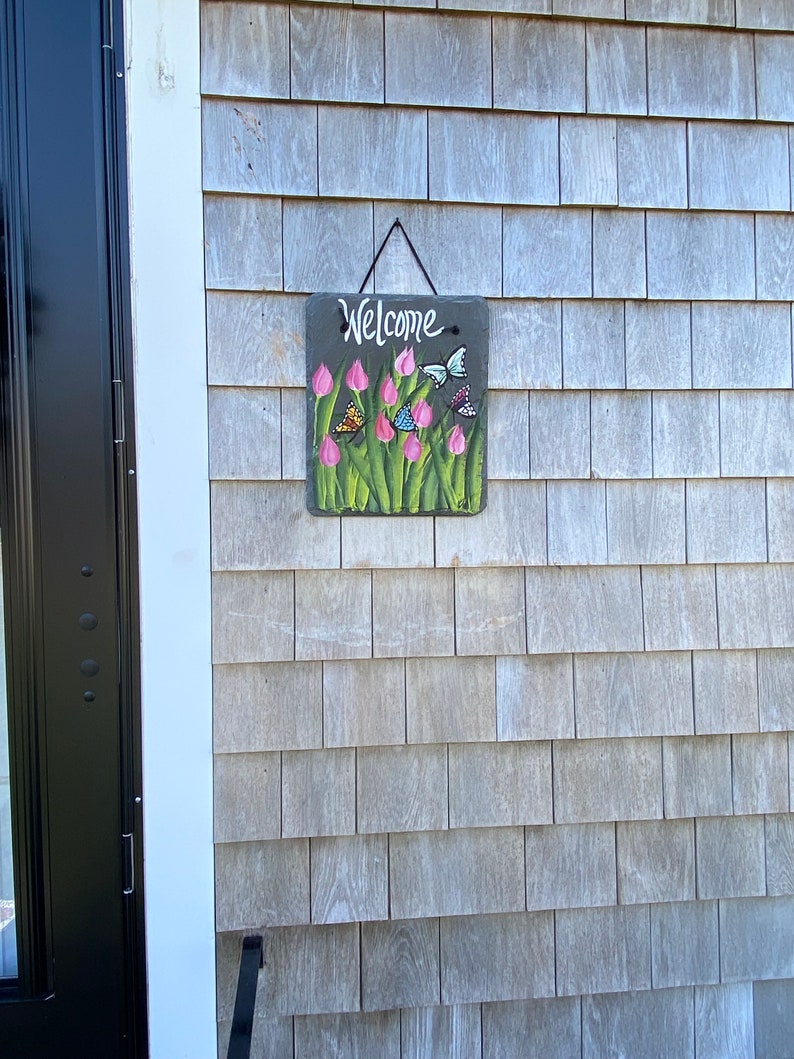 Tulips & Butterflies welcome sign, Painted Slate sign, Front door Slate, Slate Sign, Floral door hanger, Spring slate, Slate welcome plaque image 5