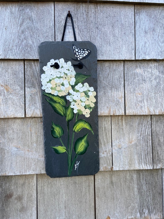 Painted hydrangeas slate, Painted slate, Porch decor, painted slate sign, hydrangea painting on slate, slate plaque, Outdoor Spring decor