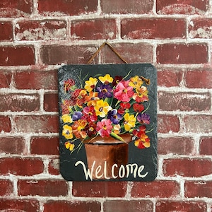 Floral welcome sign, Painted slate sign, welcome sign, Spring door hanger, garden decor, porch decor, Slate sign, painted tile, garden sign image 2