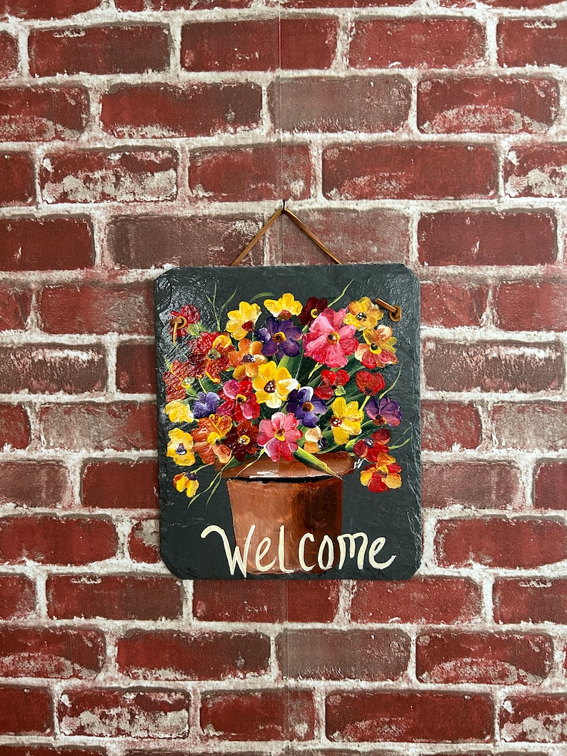 Floral welcome sign, Painted slate sign, welcome sign, Spring door hanger, garden decor, porch decor, Slate sign, painted tile, garden sign image 2