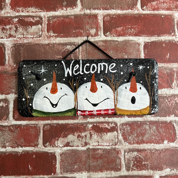 Painted snowman welcome sign: Winter Porch decor. snowman door hanger