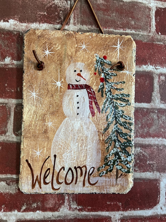 Painted winter Snowman slate welcome sign, Porch decor, slate sign, Winter sign, door hanger, Snowman slate sign, Snowman art,