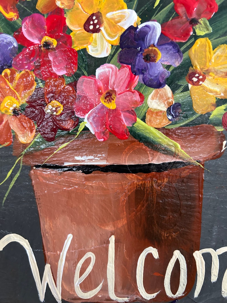 Floral welcome sign, Painted slate sign, welcome sign, Spring door hanger, garden decor, porch decor, Slate sign, painted tile, garden sign image 6