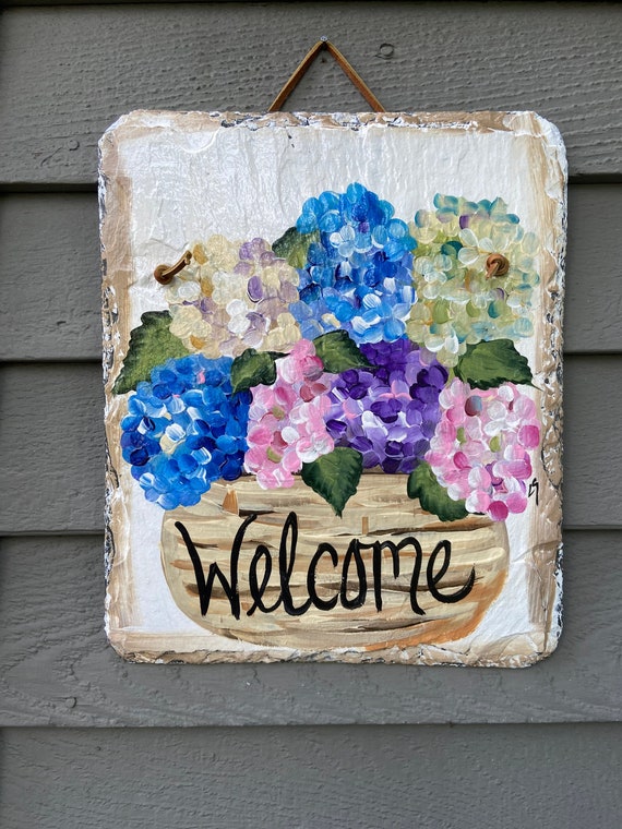 Hand Painted Hydrangea slate sign, Painted slate sign, Hydrangea door hanger, Summer slate, Slate welcome plaque, slate sign, Painted slate