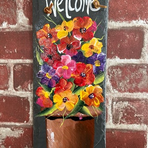Painted Flowers, Painted slate, Spring Porch decor, painted slate sign, painting on slate, Spring welcome sign on slateSpring decor image 3