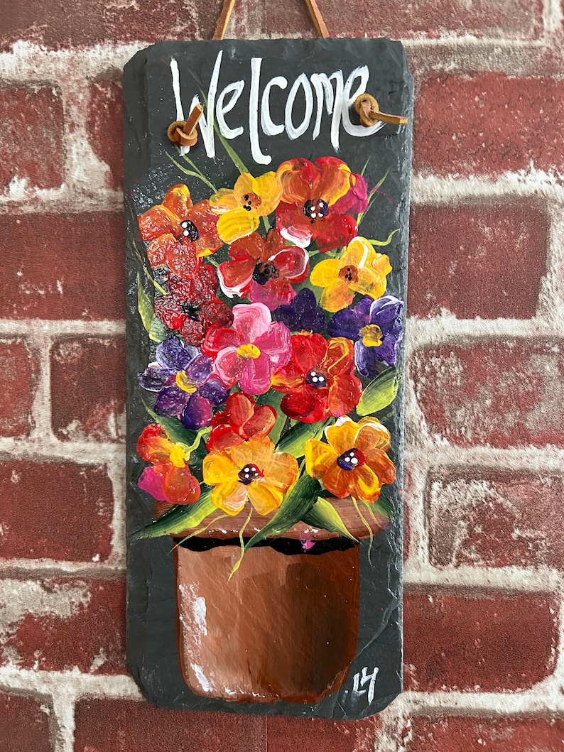 Painted Flowers, Painted slate, Spring Porch decor, painted slate sign, painting on slate, Spring welcome sign on slateSpring decor image 3