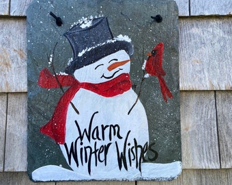 Hand Painted Snowman Welcome Slate Sign: Snowman Porch Decor, Door