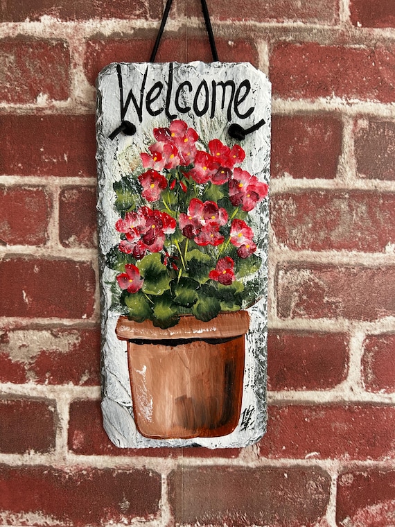 Hand Painted geranium Slate Welcome Sign: Spring Porch Decor (5x12)