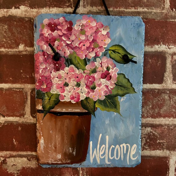 Painted Hydrangea slate, welcome door hanger, Spring porch decor, Hand Painted floral welcome sign, Deck decor, garden decor