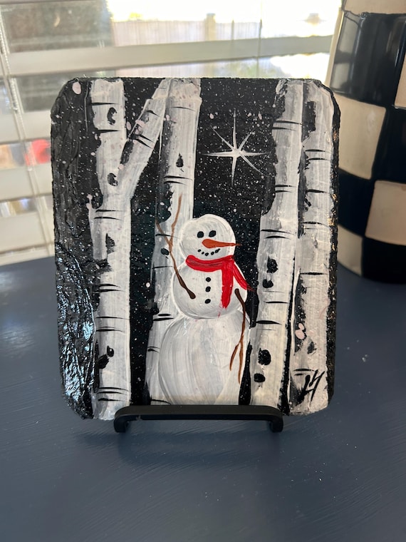 Hand Painted Snowman Slate: Winter Birch Tree Scene, Holiday Decor