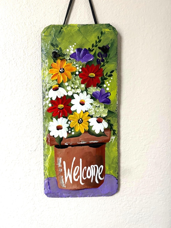 Floral slate welcome sign, Spring door hanger, Summer porch decor