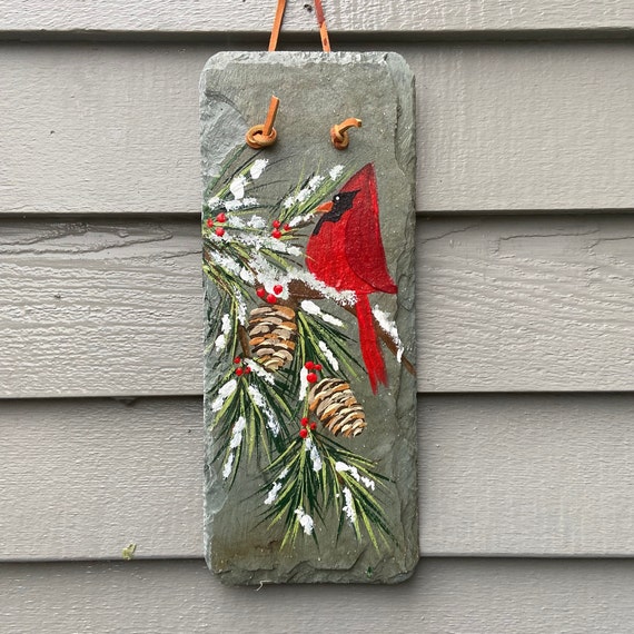 Painted cardinal on slate, Winter Porch decor, painted slate sign, Winter sign, painting on slate, painted slate wallhanging, Holiday sign