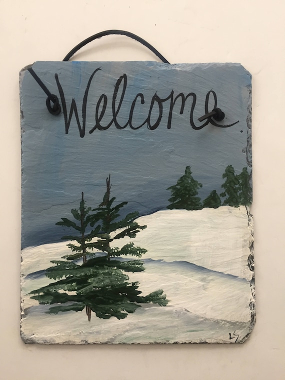 Winter Door Hanger Painted Slate Welcome Sign Winter Scene Slate Door Hanging Snow Scene Wall Hanging Welcome Sign Door Hanging