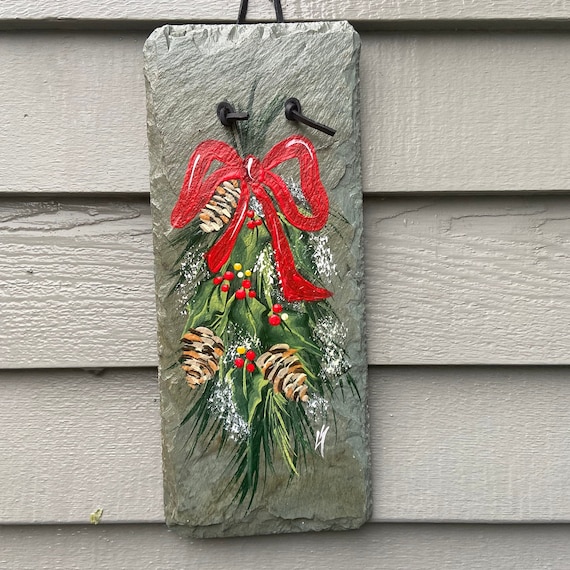Painted winter greens decor, Winter Porch decor, painted slate sign, Winter sign, painting on slate, painted slate wallhanging, Holiday swag