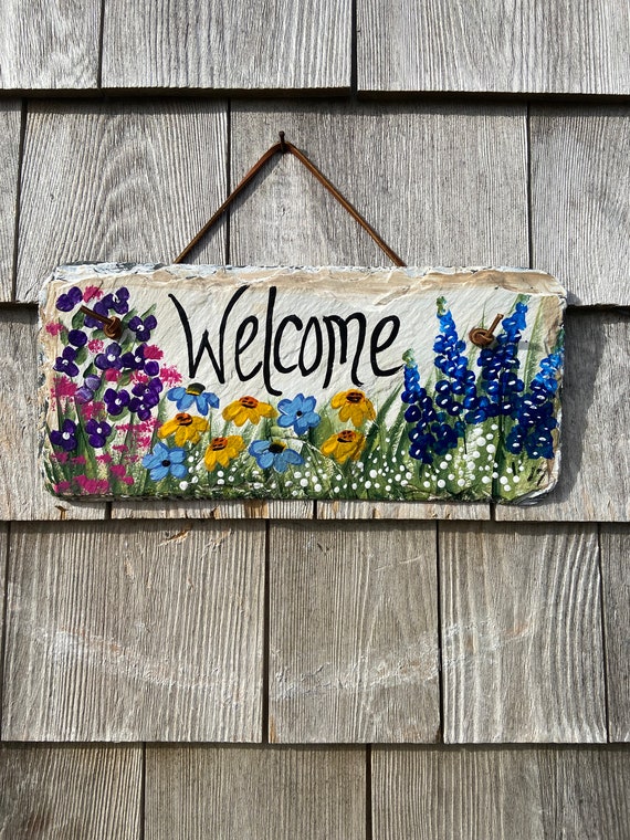 Floral Slate Welcome Sign: Spring Porch Decor, Garden Art - Etsy