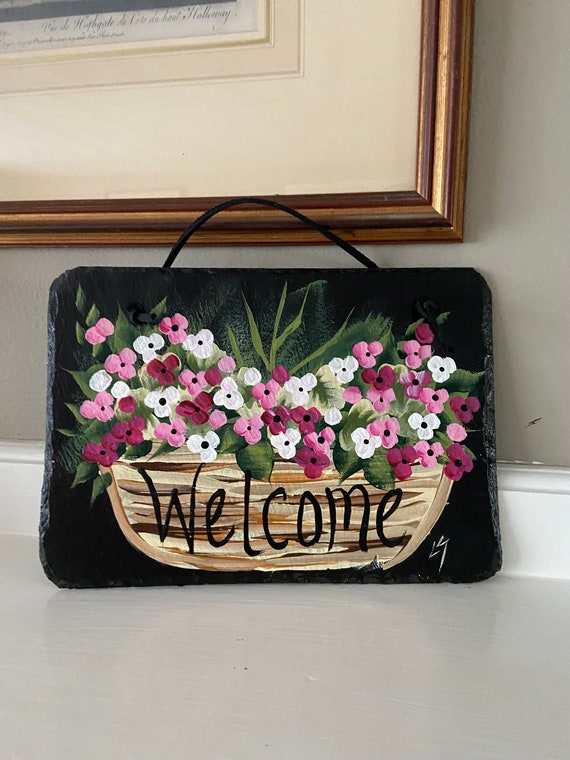 Painted slate welcome sign, garden slate sign, floral welcome plaque, Porch decor, door hanger, small slate welcome sign, garden decor