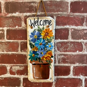 Painted Flowers, Painted slate, Spring Porch decor, painted slate sign, painting on slate, Spring welcome sign on slateSpring decor image 2