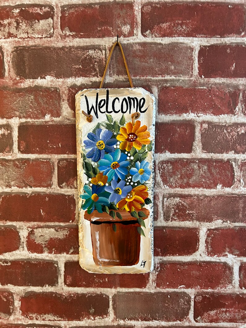 Painted Flowers, Painted slate, Spring Porch decor, painted slate sign, painting on slate, Spring welcome sign on slateSpring decor image 2