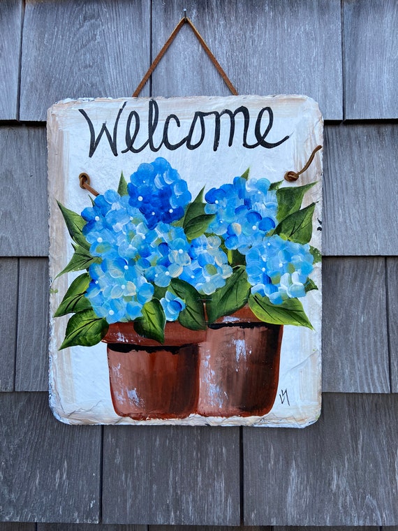 Slate welcome sign, Blue Hydrangea door hanger, Spring porch decor