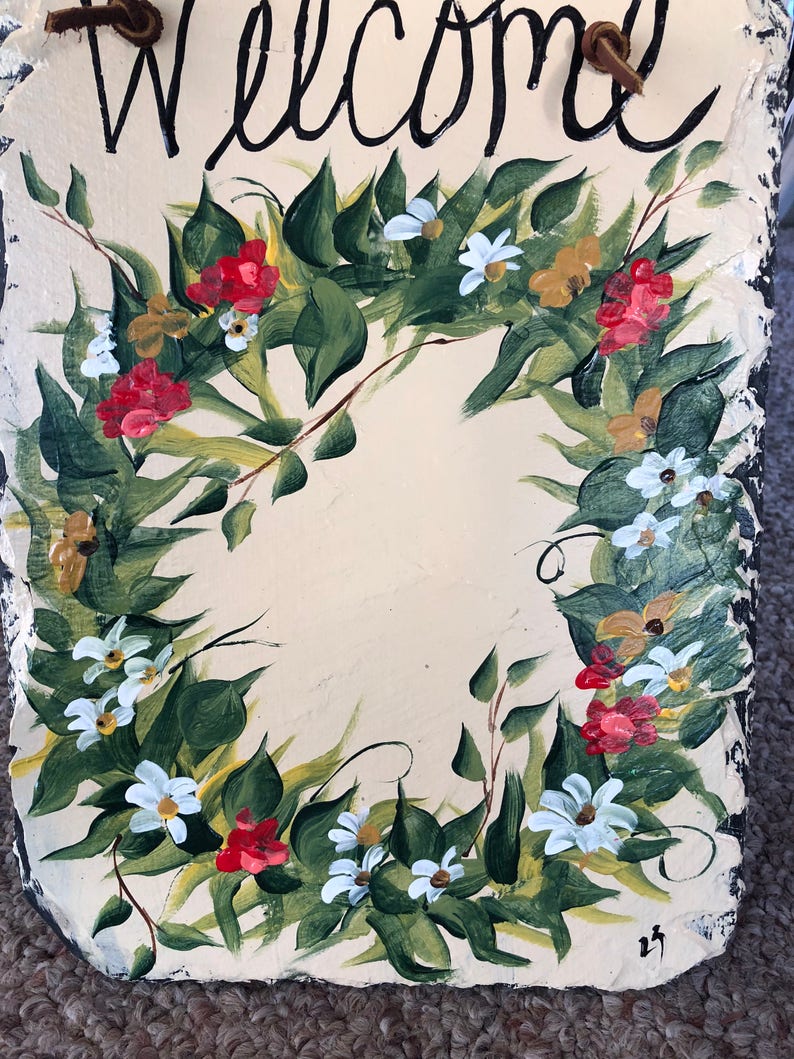 Painted plaque Welcome sign Spring Door Wreath 12 x 10 recycled roof slate door decor Welcome Sign Flower Wreath Slate door hanging