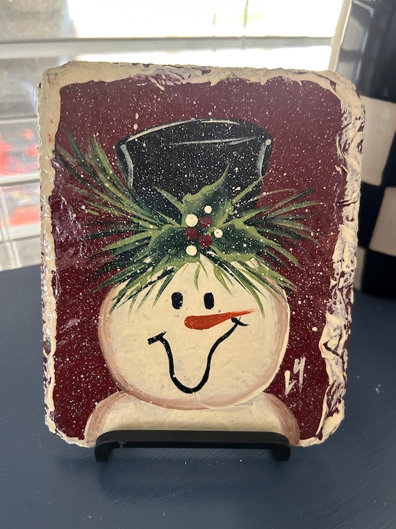Painted snowman slate, snowman kitchen art, 6x5 hand painted slate , winter decor, unique holiday gift, mantle decor