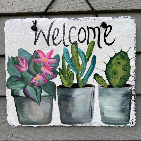 Southwestern painted slate, Cactus Desert welcome sign, slate tile, Patio decor, Deck decor, Succullent southwestern art, Painted slate