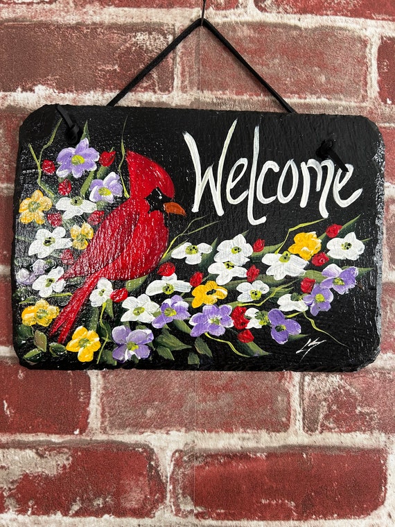 Cardinal Painted slate sign, garden slate sign, Cardinal welcome plaque, Porch decor, door hanger, small slate welcome sign, garden decor
