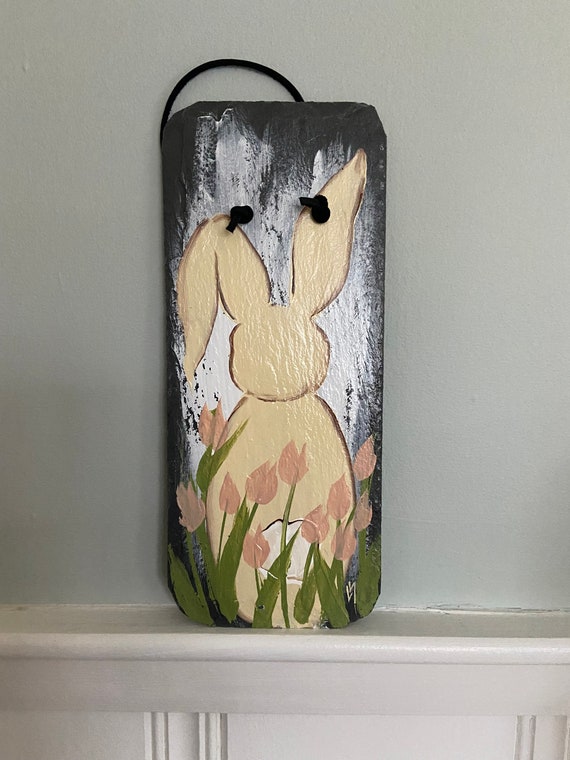 Painted Bunny, Painted spring slate sign, Spring Porch decor, painted slate sign, painting on slate, Spring slate, Outdoor Easter decor
