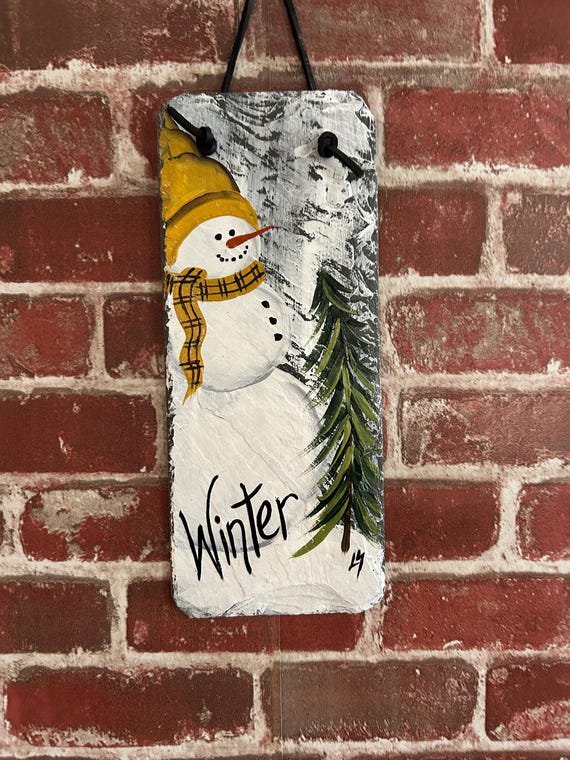 Hand Painted Snowman Slate: Rustic Winter Wall Decor, snowman door hanger, outdoor art