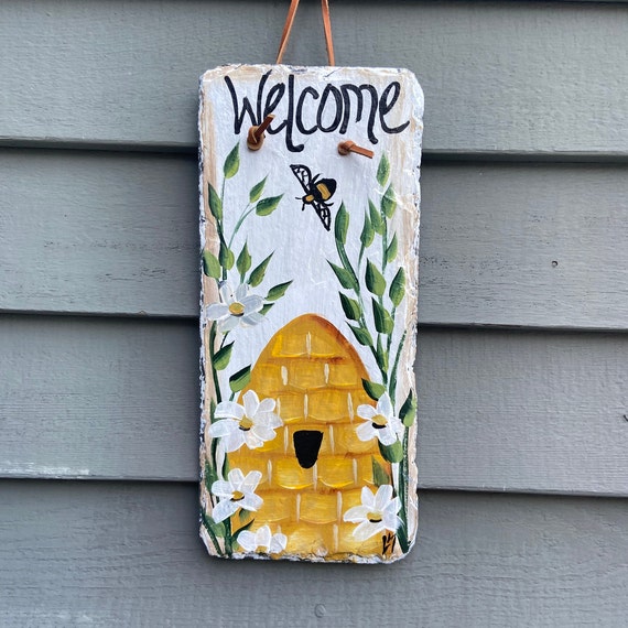 Painted Bee Hive garden slate, Painted slate, Porch decor, painted spring slate sign, painting on slate, slate plaque, Outdoor Spring decor