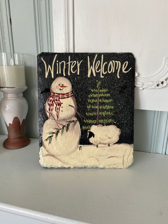 Vintage Snowman slate sign, Primitive Snowman painting, Rustic snowman door hanger, Painted slate welcoome sign, Winter porch decor
