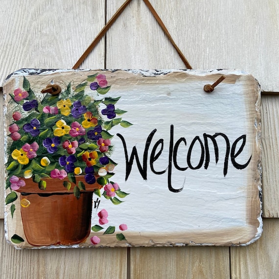 Painted slate welcome sign, garden slate sign, floral welcome plaque, Porch decor, door hanger, small slate welcome sign, garden decor