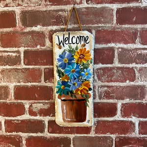 Painted Flowers, Painted slate, Spring Porch decor, painted slate sign, painting on slate, Spring welcome sign on slateSpring decor image 1