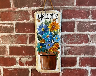 Painted Flowers, Painted slate, Spring Porch decor, painted slate sign, painting on slate, Spring welcome sign on slateSpring decor