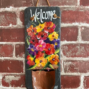 Painted Flowers, Painted slate, Spring Porch decor, painted slate sign, painting on slate, Spring welcome sign on slateSpring decor image 2