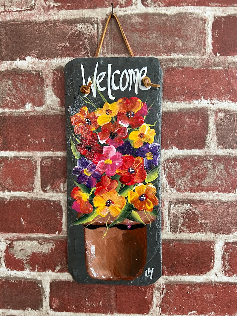 Painted Flowers, Painted slate, Spring Porch decor, painted slate sign, painting on slate, Spring welcome sign on slateSpring decor image 2