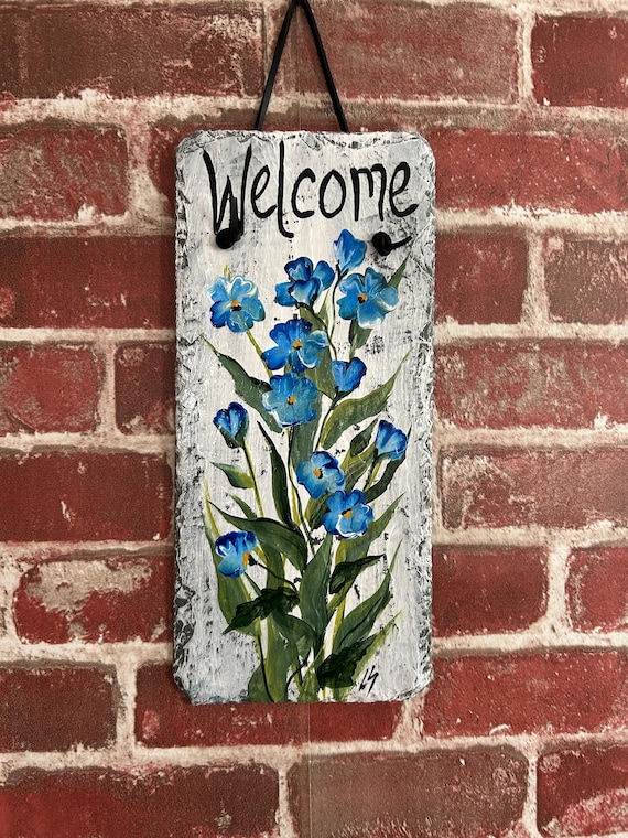 Hand-Painted Blue Floral Slate welcome Sign: Spring Porch Decor (12x5)