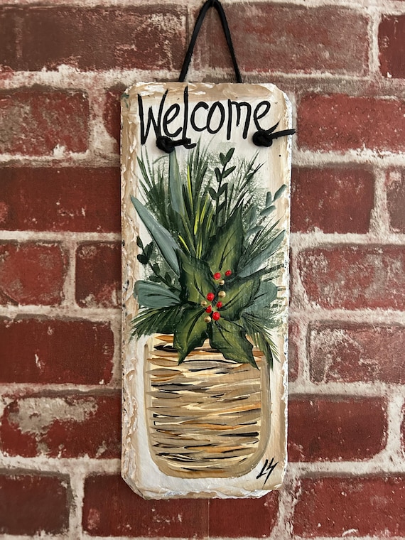 Hand-Painted Winter Welcome Slate Sign: Basket of Greens, Holiday wall decor