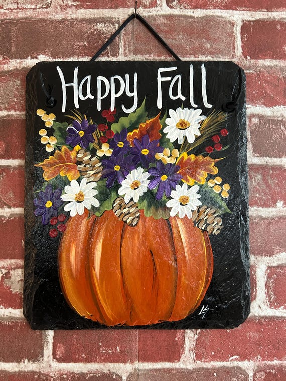 Hand painted Pumpkin Slate Welcome Sign, Floral Fall porch Decor, Autumn yard art