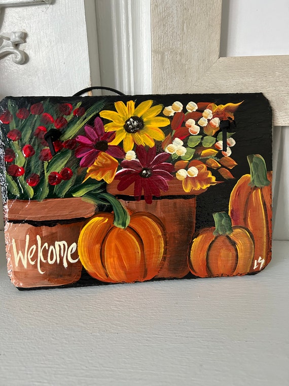 Painted pumpkin slate sign, welcome plaque, door hanger, Pumpkin slate sign, Fall sign, welcome sign, Painted slate, slate sign, porch decor