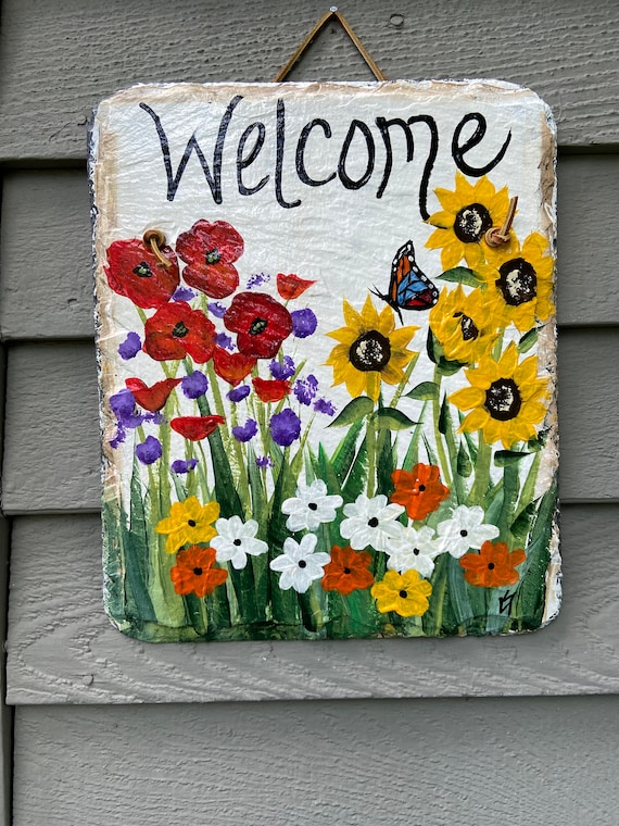 Porch welcome sign, Painted slate sign, welcome sign, Spring door hanger, garden decor, porch decor, Slate sign, painted tile, garden sign