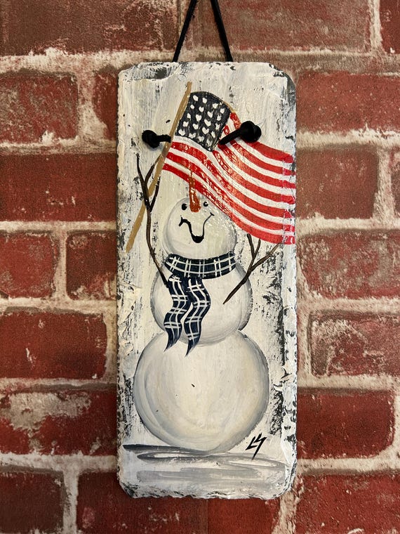 Hand Painted Patriotic Snowman Slate: Rustic Winter Wall Decor, snowman with American Flag door hanger
