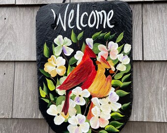 Cardinals Slate sign, garden decor, Cardinal welcome sign, Painted slate, Birds Slate sign, Spring door hanger, welcome plaque, deck decor