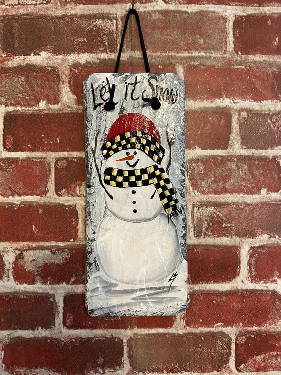 Hand Painted Snowman Slate: Rustic Black and white check Winter Wall Decor, snowman door hanger, outdoor art